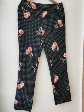 Kenar Black Polka Dot Straight-Leg Pants with Coral Floral Accents
